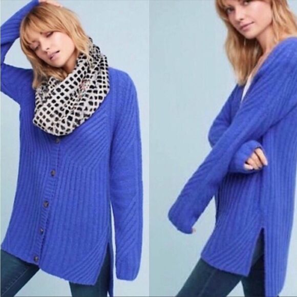 Anthropologie Sweaters - ANTHROPOLOGIE | MOTH Oversized High Low Button Front Blue Cardigan Women’s Small